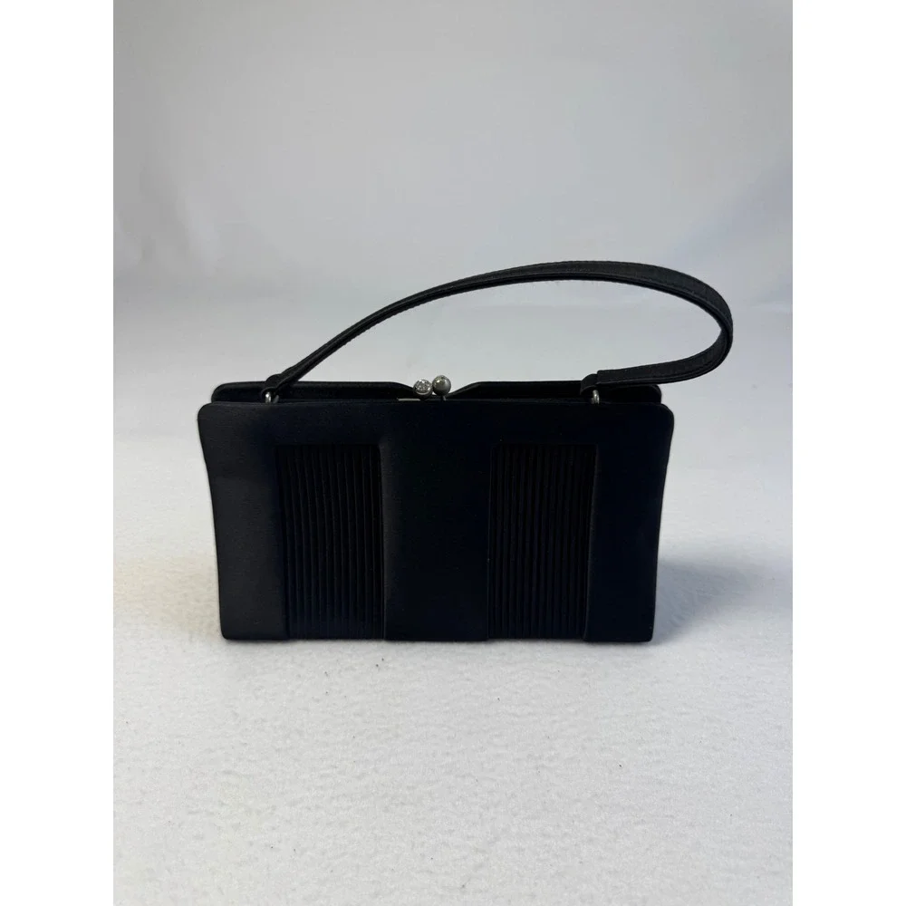 Vintage Franchi Womens Sm Evening Bag Black Satin Pleated Rhinestone Kiss Lock